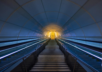 Stairs in the subway, light at the end of the tunnel, city of Donostia