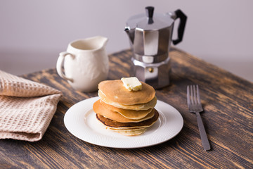 Homemade american pancakes. Healthy morning breakfast. Rustic style