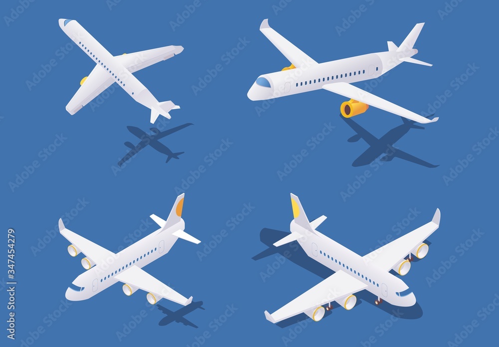 Wall mural isometric passenger airplanes during take-off, in flight and on ground. vector concept collection is