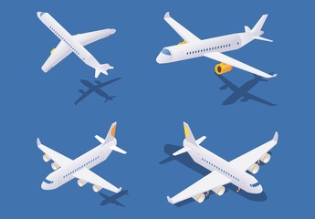 Isometric passenger airplanes during take-off, in flight and on ground. Vector concept collection isolated on blue background with shadows