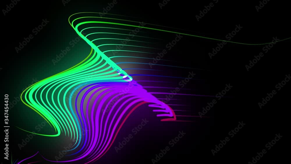 Poster multi-colored neon lines of ribbon fly in the air, smoothly oscillation and wave. lines color change