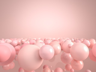 Pink bubbles and spheres flying and floating over pink paper background in studio. 3d illustration. Use image in entertainment, fashion and cosmetics advertisement.