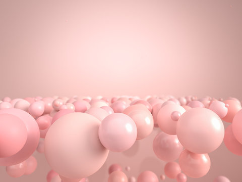 Pink bubbles and spheres flying and floating over pink paper background in studio. 3d illustration. Use image in entertainment, fashion and cosmetics advertisement. © Кирилл Рыжов