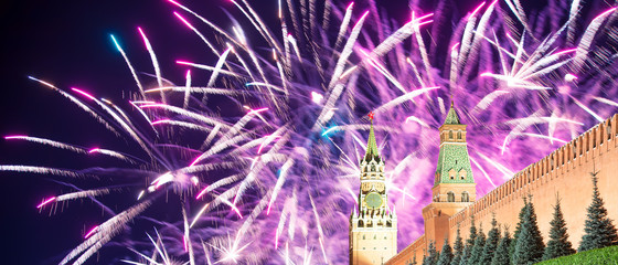 Moscow Kremlin and fireworks in honor of Victory Day celebration (WWII),  Red Square, Moscow,...