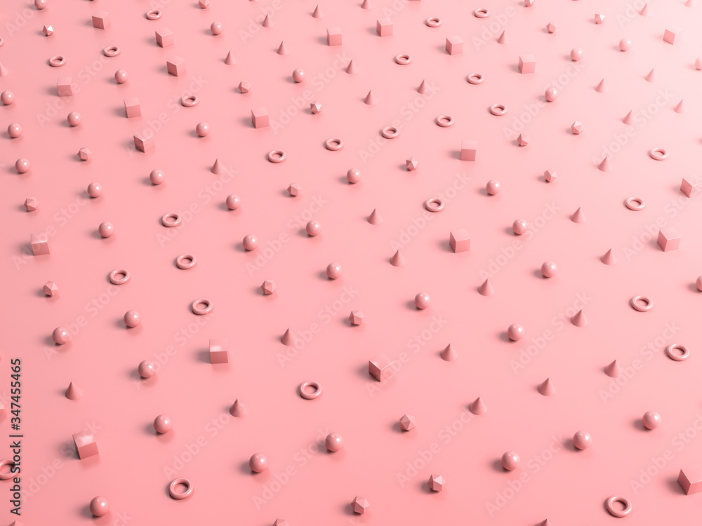 Poster abstract background with pink plastic geometry shapes and figures on pink paper. 3d render. perfect 