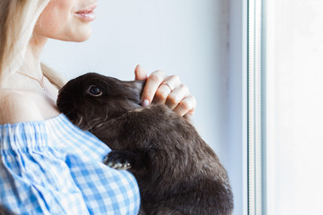 Pet and Easter concept - Attractive girl hugging brown rabbit at home, close-up.