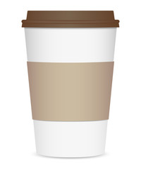 Layout of a realistic coffee cup with a brown lid and a cup holder. Front view. Isolated on white background. Vector