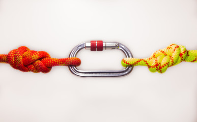 double Flemish loop or figure eight 8 knot with new colored aluminum carabiner. equipment use for...
