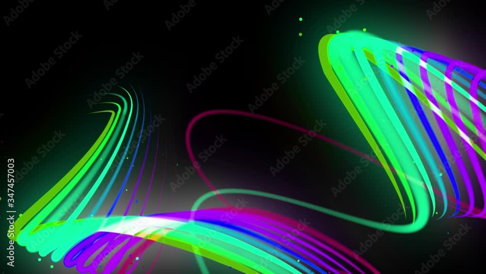 Poster multi-colored neon lines of ribbon fly in the air, smoothly oscillation and wave. lines color change