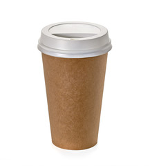Blank disposable takeaway kraft coffee cup isolated on white background including clipping path
