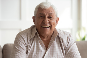 Portrait of happy mature 80s man sit on couch at home look at camera posing relaxing on weekend, smiling positive senior 70s grandfather rest on sofa at home or retirement house, show optimism