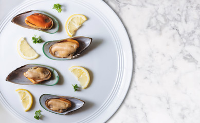 New Zealand Mussels with slices lemon and parsley, on white dish and white marble table top