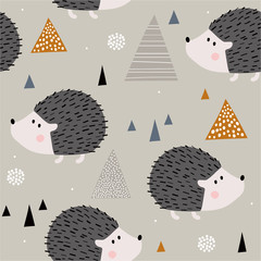 Hedgehogs, hand drawn backdrop. Colorful seamless pattern with animals. Decorative cute wallpaper, good for printing. Overlapping colored background vector. Design illustration
