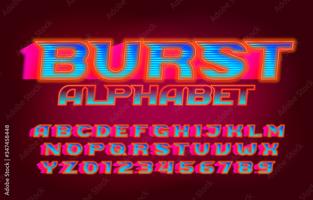 Fototapete burst alphabet font. vivid letters, numbers and symbols. retro-futuristic vector typescript for your