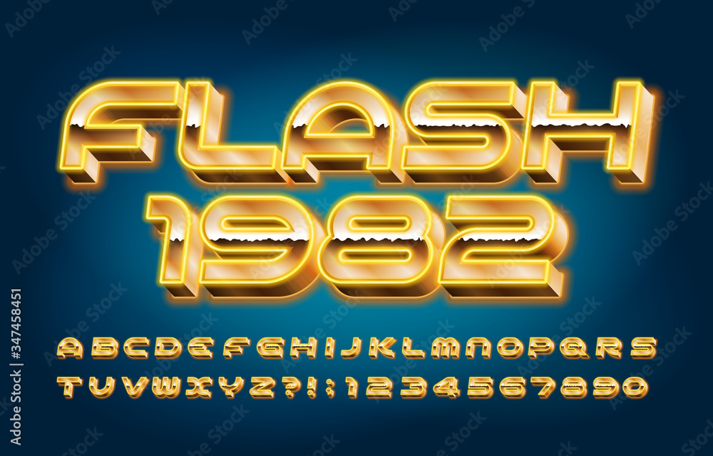 Fototapete flash 1982 alphabet font. 3d neon letters, numbers and symbols in 80s style. retro-futuristic vector