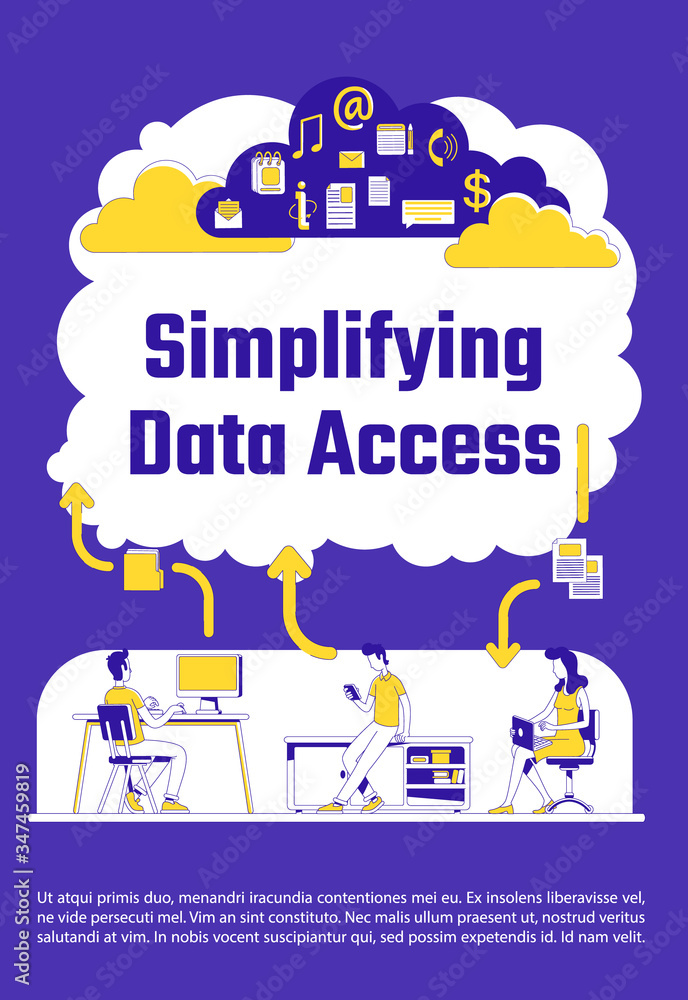 Poster simplifying data access poster flat silhouette vector template. cloud computing brochure, booklet on