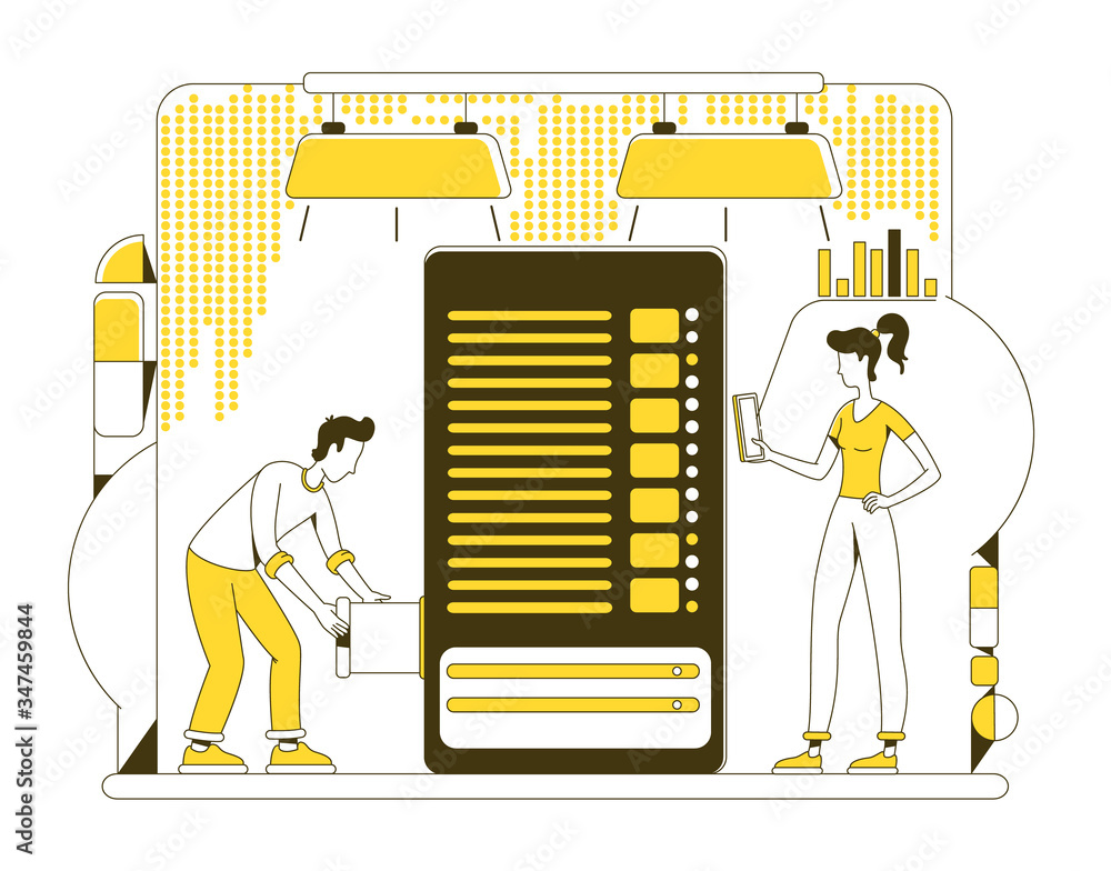 Poster data storage thin line concept vector illustration. system administrators, database users 2d cartoon