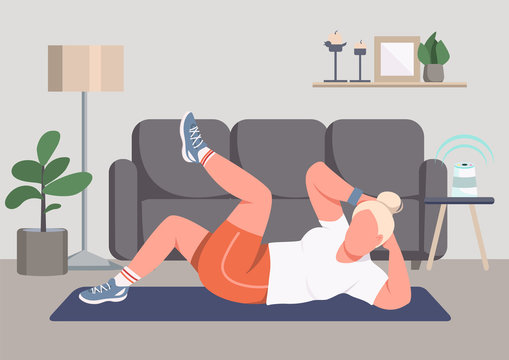 Abs training flat color vector illustration. Sportswoman working out 2D cartoon character with living room on background. Workout at home, domestic fitness. Abdominal muscles training