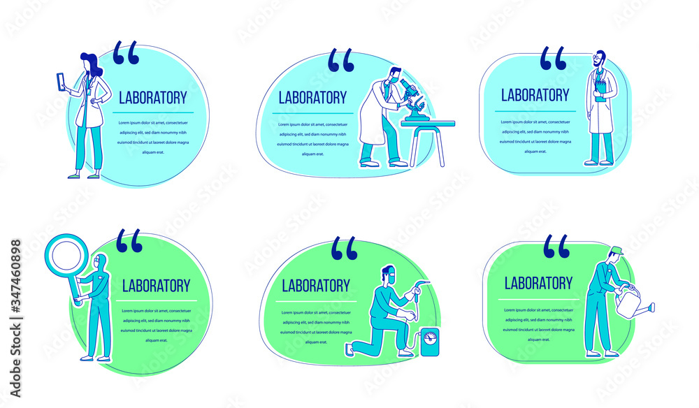 Aufkleber laboratory flat silhouette vector character quotes set. citation blank frame templates. science work