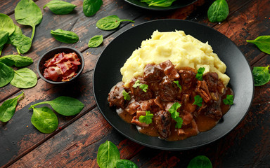 Fried Liver, bacon in onion gravy with mashed potato