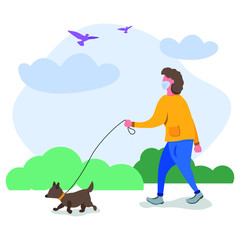 A man walks with a dog in a mask. Dog walking rules during quarantine in the park. Vector illustration in a flat trendy style.