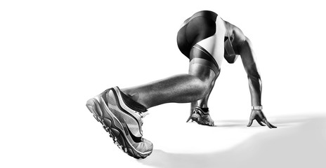 Sports background. Runner on the start. Black and white image isolated on white. Back view. Low...