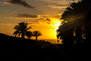 scenic sunset in Yaiza with road and palm trees in Lanzarote