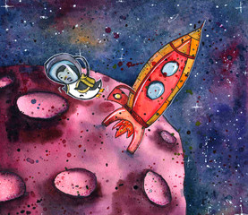 A cartoon penguin in an astronaut's space suit. Character in space. watercolor illustration