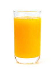Orange juice and fruits on a white background