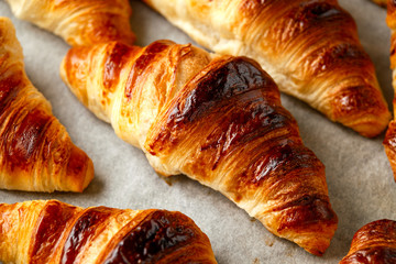 Freshly baked croissants with butter. background, texture