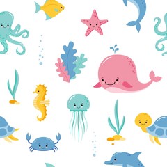Cute sea and ocean cartoon animals and fishes. Seamless pattern background with underwater funny kawaii characters.