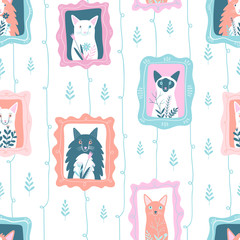 Seamless vector pattern with portraits of cute cats with flowers. Cat background. Flat cartoon colourful illustration. Perfect for kids apparel, textile, nursery, wrapping paper