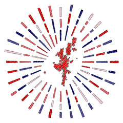 Sketch map of Mainland. Sunburst around the island in flag colors. Hand drawn Mainland shape with sun rays on white background. Vector illustration.