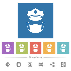 Police hat and medical face mask flat white icons in square backgrounds