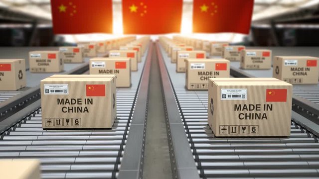 Made in China. Cardboard boxes with product from China and chinese flag on the roller conveyor. Production, delivery and import export concept, 3d loopable animation