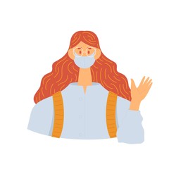 The masked girl greets holding her hand up. Isolated on white background female character