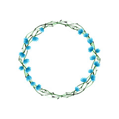 Obraz premium Blue watercolor wreath with flowers and branches on a white background. Round form floral frame for your design. Cute template for weddings and other events.