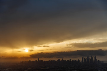 The beauty panorama of skyscrapers in Dubai Marina. UAE. Sunset over Dubai, aerial skyline.