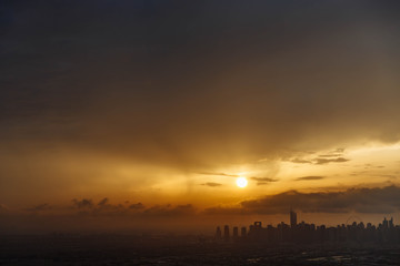 The beauty panorama of skyscrapers in Dubai Marina. UAE. Sunset over Dubai, aerial skyline.