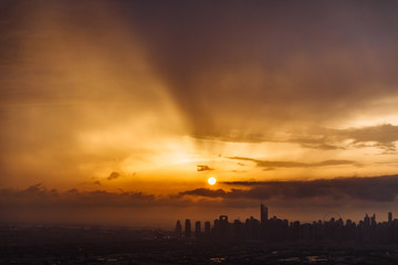 The beauty panorama of skyscrapers in Dubai Marina. UAE. Sunset over Dubai, aerial skyline.