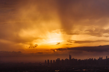 The beauty panorama of skyscrapers in Dubai Marina. UAE. Sunset over Dubai, aerial skyline.