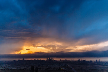 The beauty panorama of skyscrapers in Dubai Marina. UAE. Sunset over Dubai, aerial skyline.