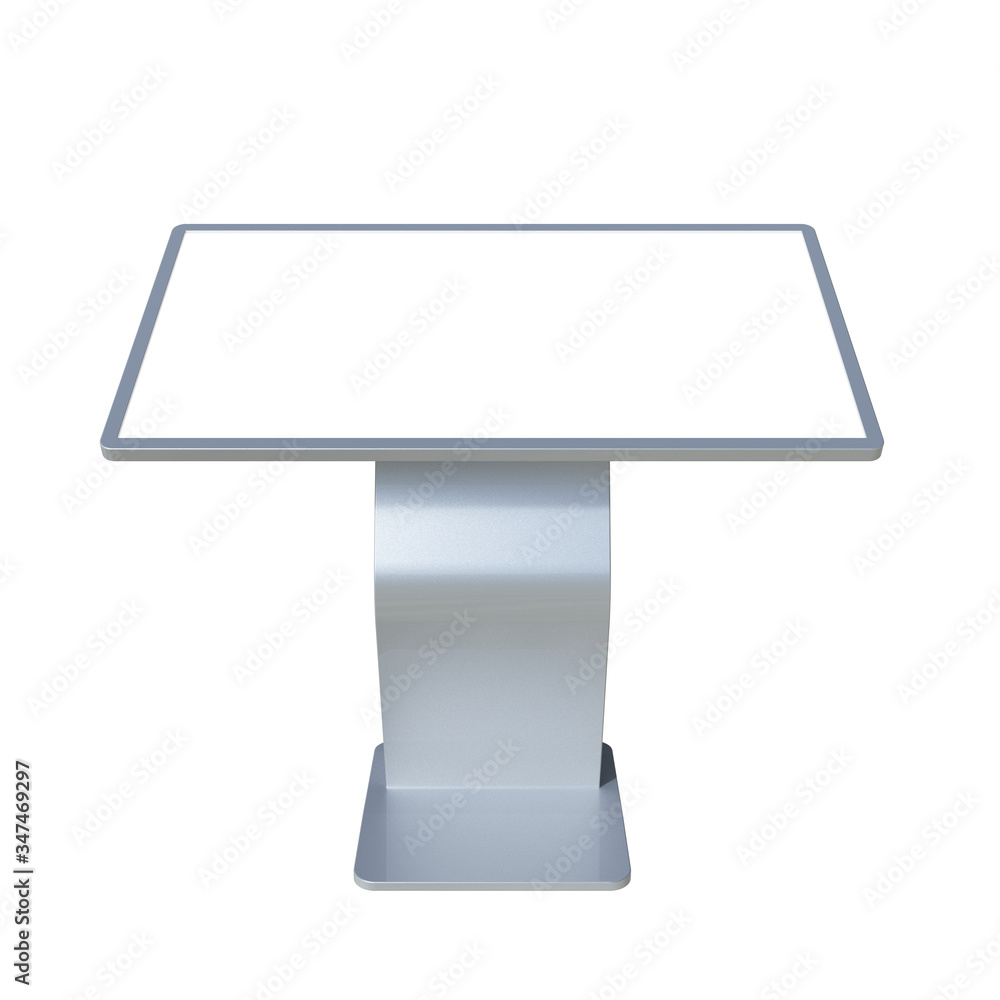 Poster silver metallic interactive information terminal. front view of a touch screen kiosk stand . 3d rend