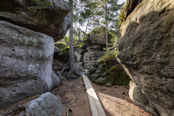 Obraz premium Stolowe Mountains National Park. Wooden boardwalk in Rock Labyrinth hiking trail Bledne Skaly near Kudowa-Zdroj, Lower Silesia, Poland.