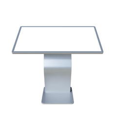 Silver Metallic Interactive Information Terminal. Front View of a Touch Screen Kiosk Stand . 3D Render of a Console with a Blank Empty Screen Isolated on a White Background.