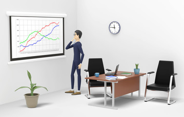 Businessman is standing into a separate office in front of a board with a chart of growth. 3D illustration
