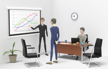 Businessman is explaining something to another ones and showing at a board with a chart of growth. 3D illustration