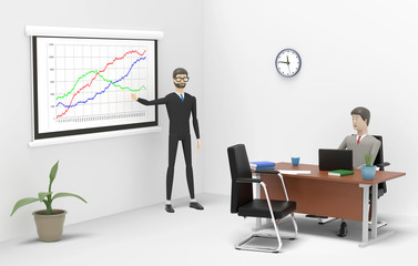 Man is showing at a board with a chart of growth and explaining something to another one who is sitting near the desk. 3D illustration