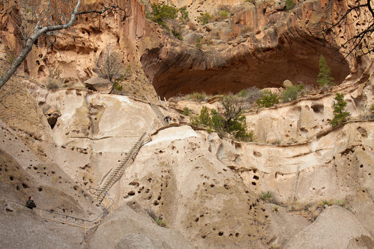 Trail with ladder leading up to the great kiva in Bandelier National Monument outside of Los Alamos, New Mexico