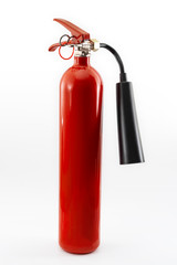 Fire prevention concept with single red under pressure caution dioxide extinguisher isolated on white background with clipping path cutout